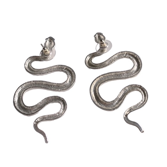Snake Shaped Silver Tone Drop Pierced Earrings Textured - Picture 3 of 4